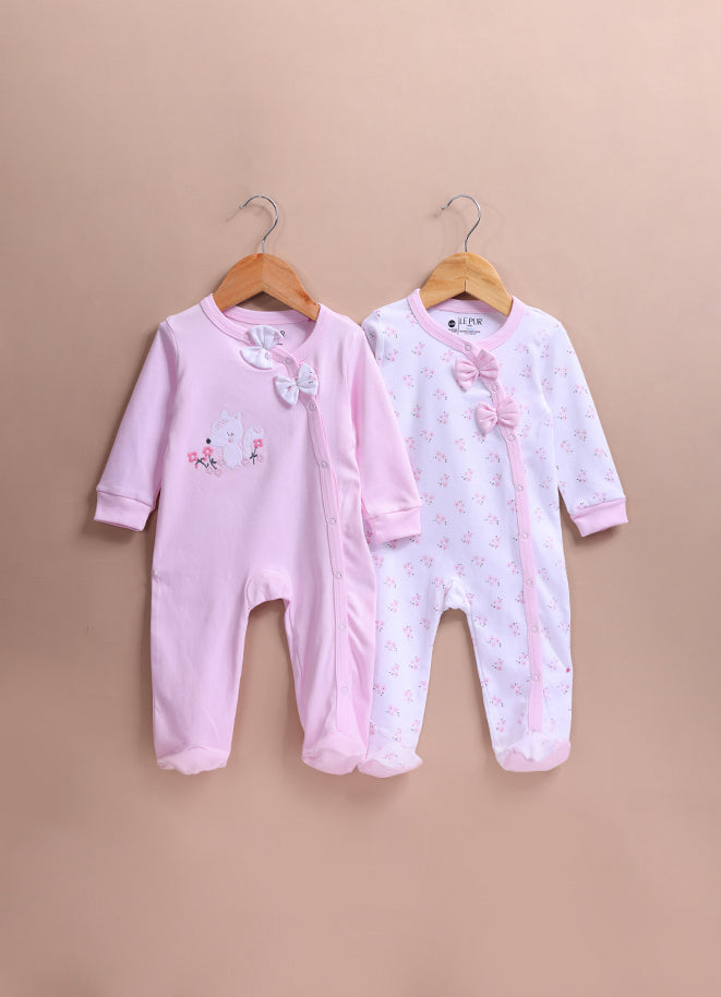 Le Pur Baby Girl Sleepsuit Set of 2 | Biocool Cotton Newborn Clothes | Soft Infant Romper with Bow & Side Snap - LE PUR!